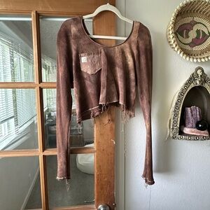 Brown Distressed Long Sleeve Crop Top Sinew Moon